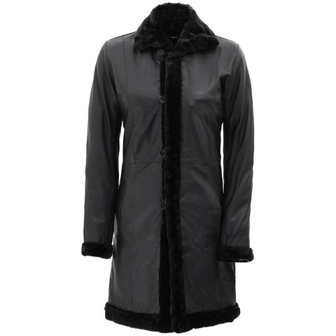Womens Black Lambskin 3/4 Length Shearling Leather Coat