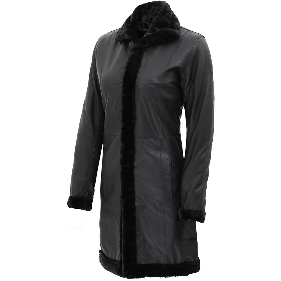 Womens Black Lambskin 3/4 Length Shearling Leather Coat