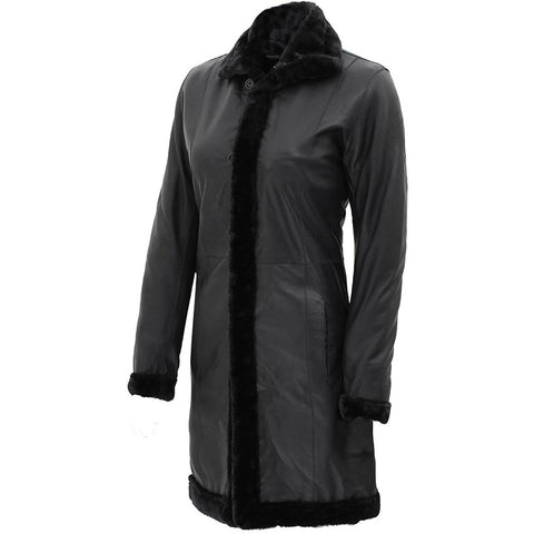 Womens Black Lambskin 3/4 Length Shearling Leather Coat