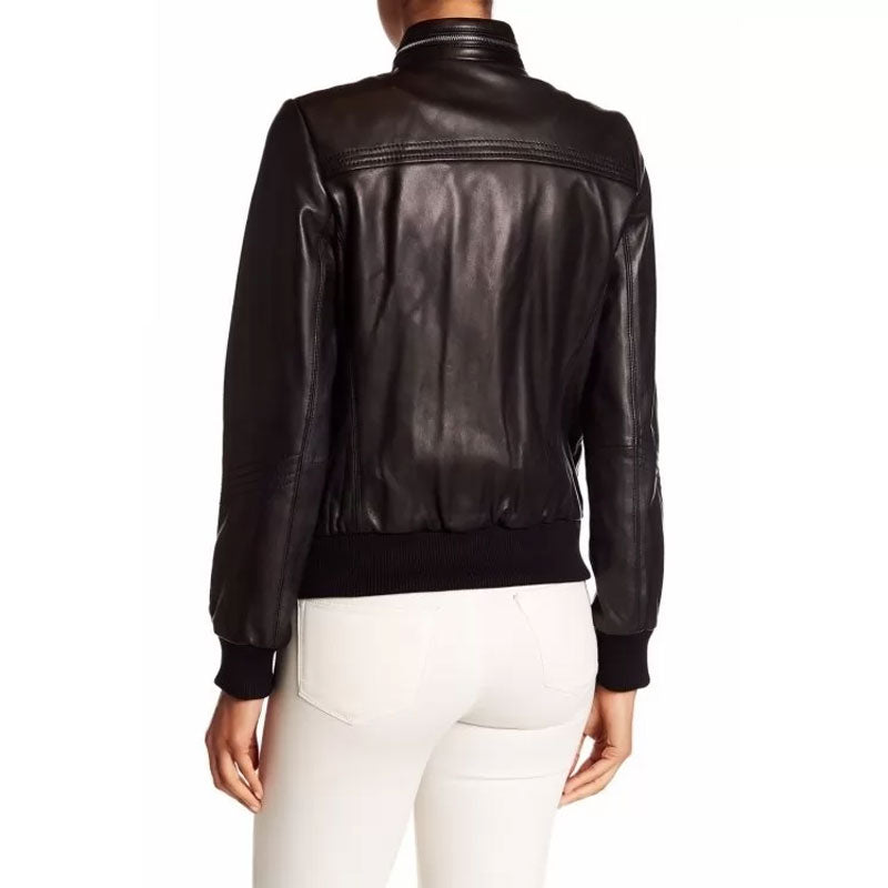 women’s black lambskin leather bomber jacket side angle