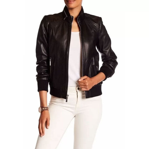 women’s black lambskin leather bomber jacket back view