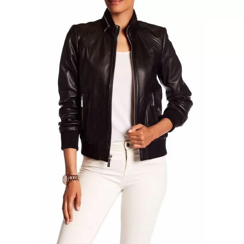 women’s black lambskin leather bomber jacket front view