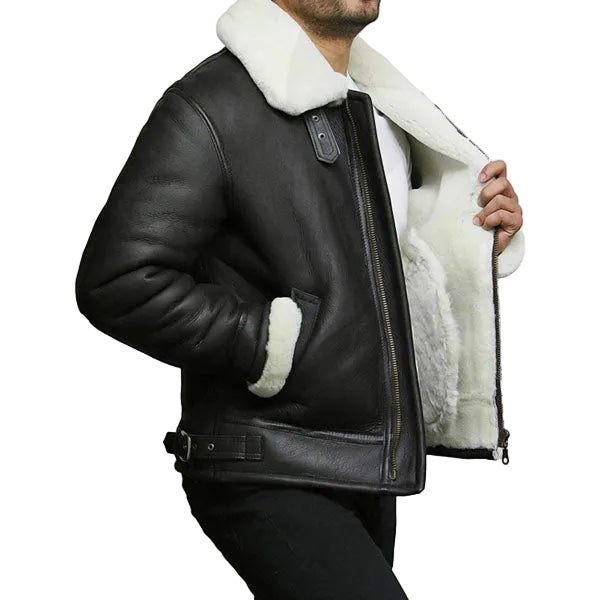 World War style aviator leather jacket with fleece lining
