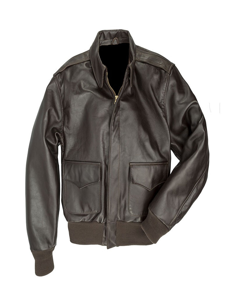 World War style leather bomber jacket with rib cuffs