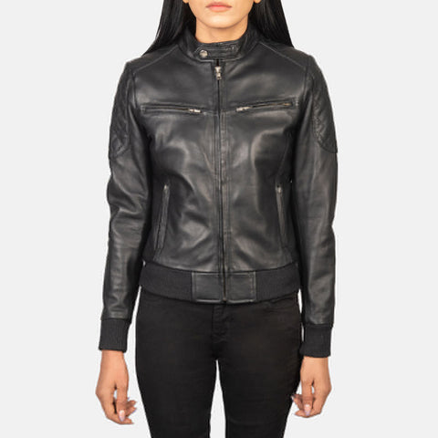 women's black leather bomber jacket clara front view