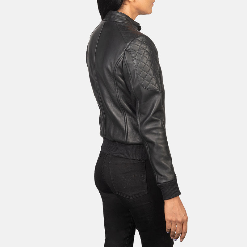 women's black leather bomber jacket clara side angle