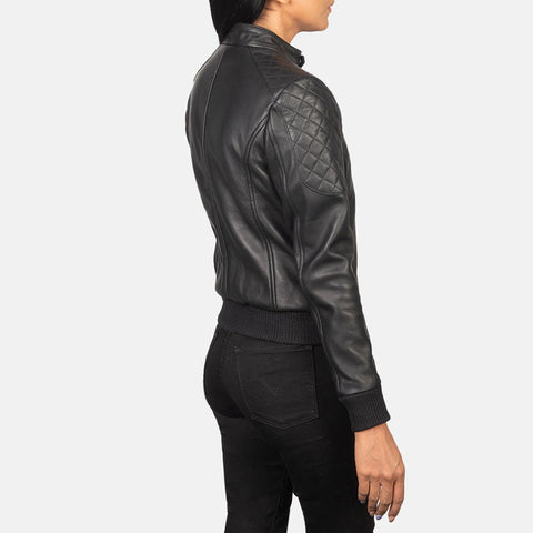 women's black leather bomber jacket clara side angle