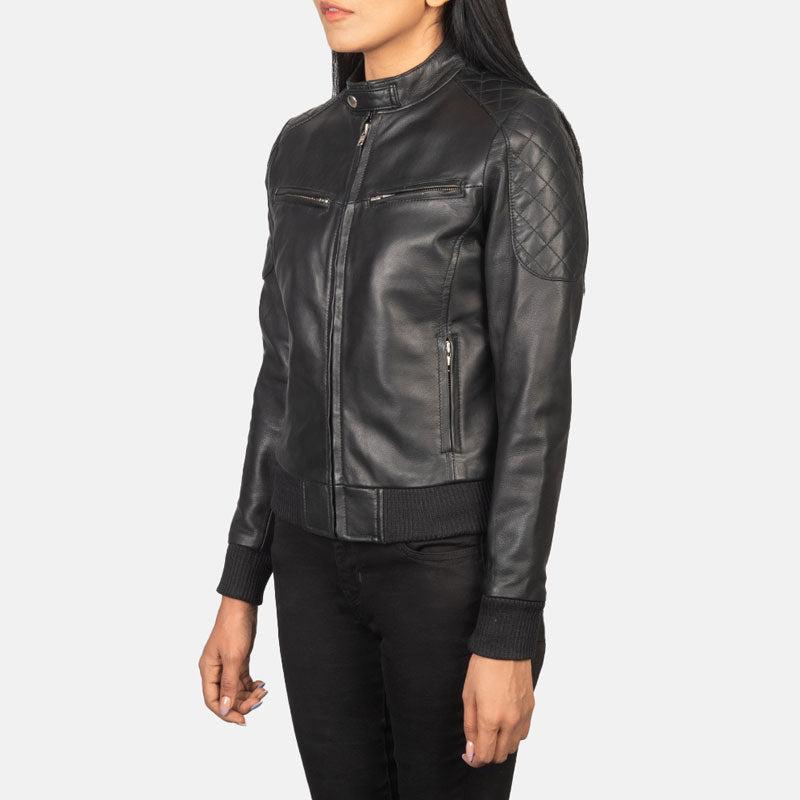 women's black leather bomber jacket clara back view