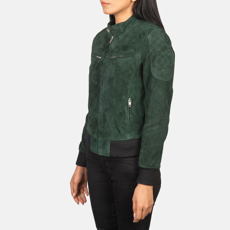 women's green suede leather jacket celeste back view