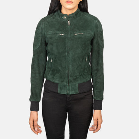 women's green suede leather jacket celeste front view