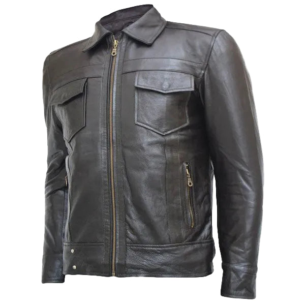Zipper Men's Brown Leather Jacket - Top Notch