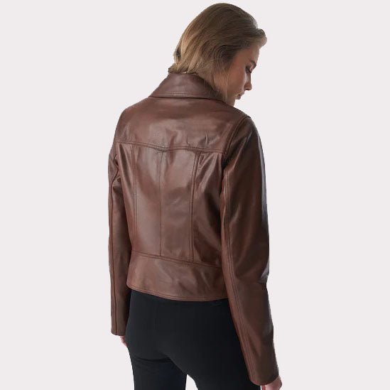 Antique Tan Brown Women's Classic Biker Leather Jacket - AMSEL LEATHERS