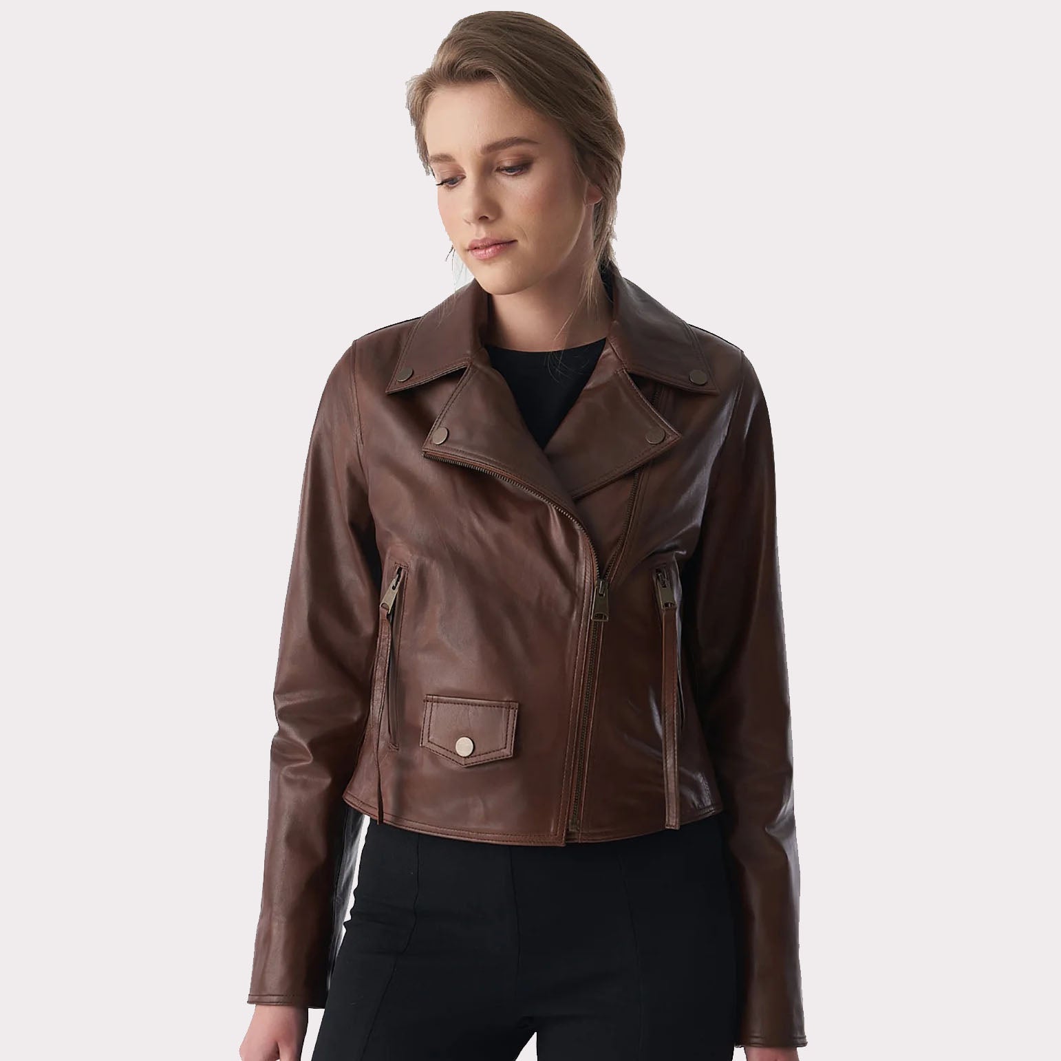 Antique Tan Brown Women's Classic Biker Leather Jacket - AMSEL LEATHERS