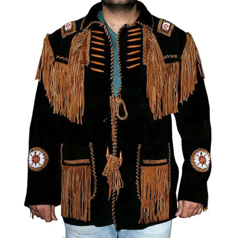 Authentic Western Leather Jacket with Fringes and Beads - AMSEL LEATHERS