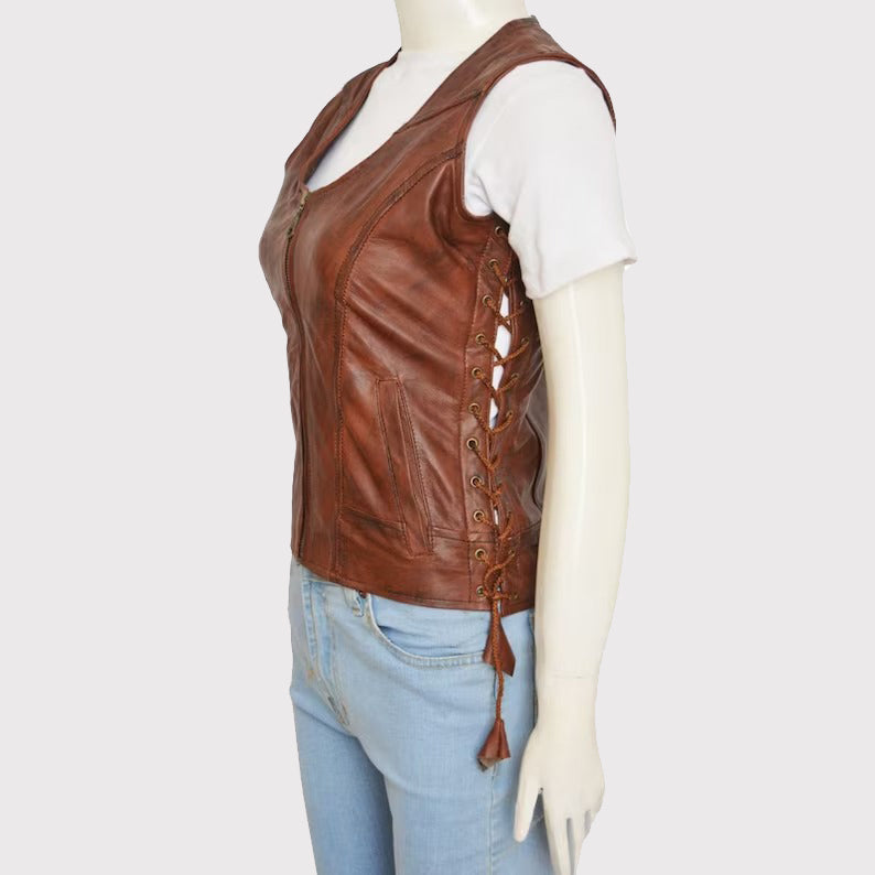 Authentic Women's Brown Leather Vest - AMSEL LEATHERS