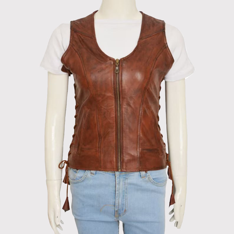 Authentic Women's Brown Leather Vest - AMSEL LEATHERS