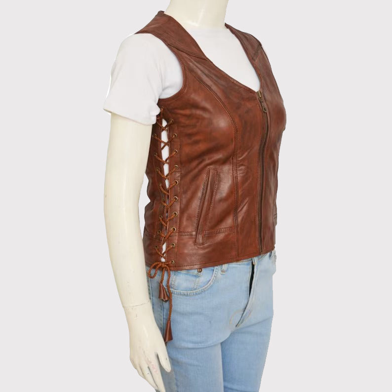 Authentic Women's Brown Leather Vest - AMSEL LEATHERS