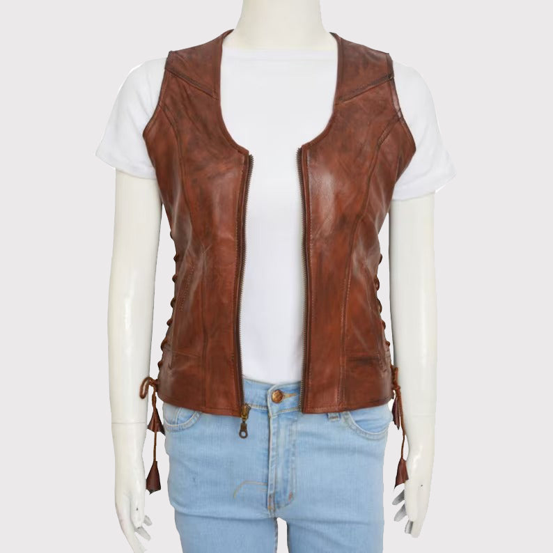 Authentic Women's Brown Leather Vest - AMSEL LEATHERS