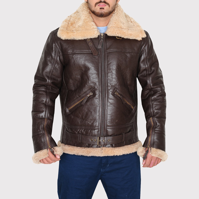 B3 Classic Brown Shearling Bomber Leather Jacket for Men - AMSEL LEATHERS