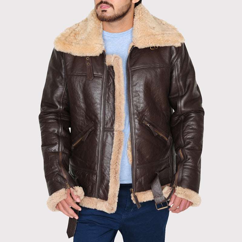 B3 Classic Brown Shearling Bomber Leather Jacket for Men - AMSEL LEATHERS