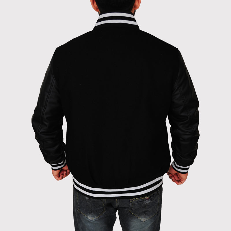 BBC Letterman Black Varsity Jacket with Leather Sleeve - AMSEL LEATHERS