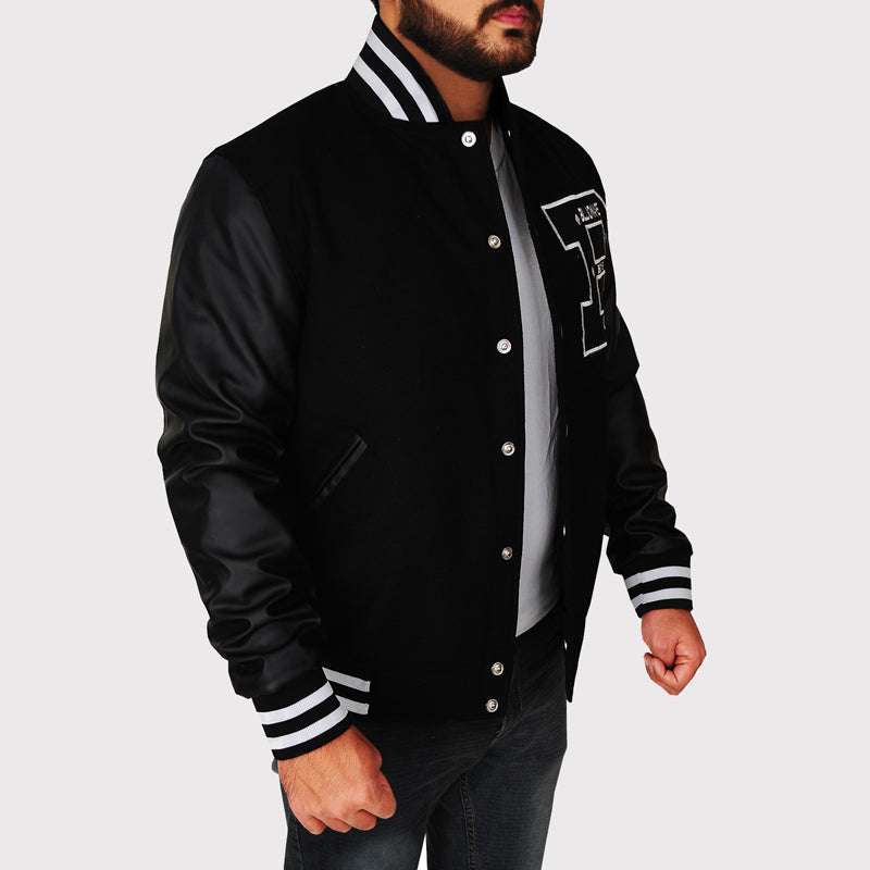 BBC Letterman Black Varsity Jacket with Leather Sleeve - AMSEL LEATHERS