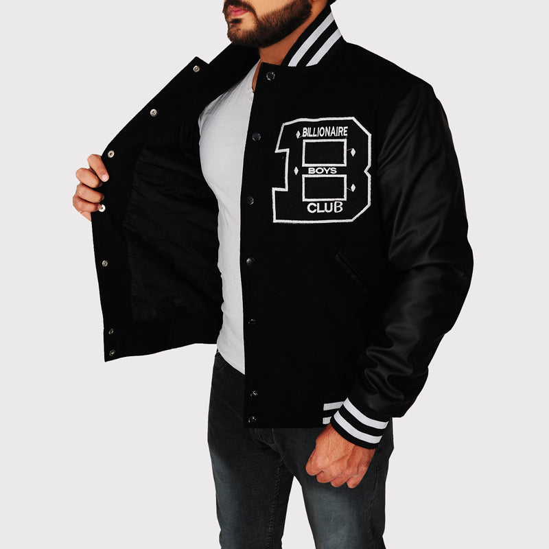 BBC Letterman Black Varsity Jacket with Leather Sleeve - AMSEL LEATHERS