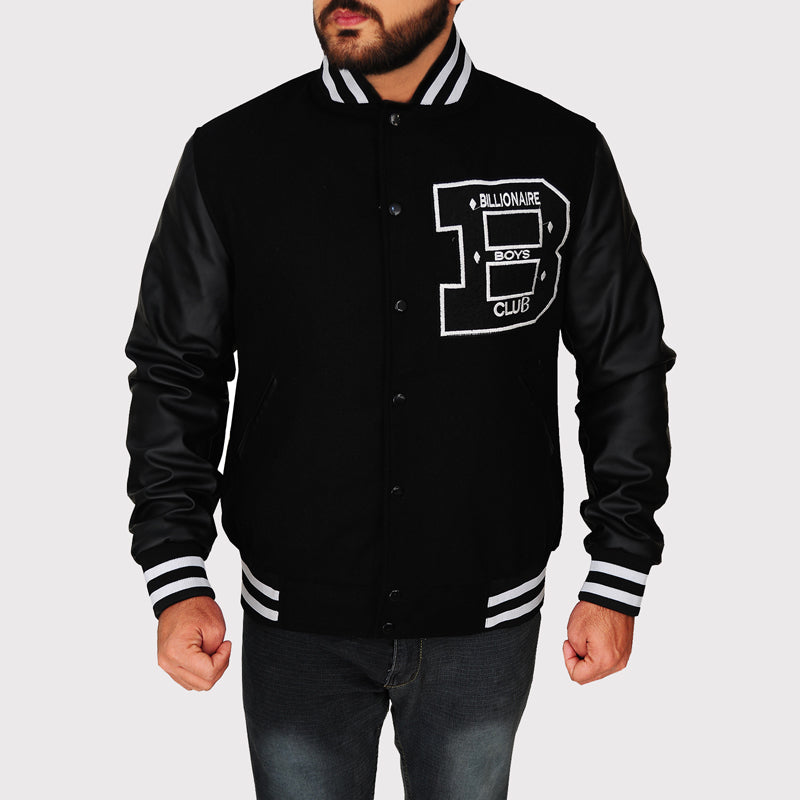 BBC Letterman Black Varsity Jacket with Leather Sleeve - AMSEL LEATHERS