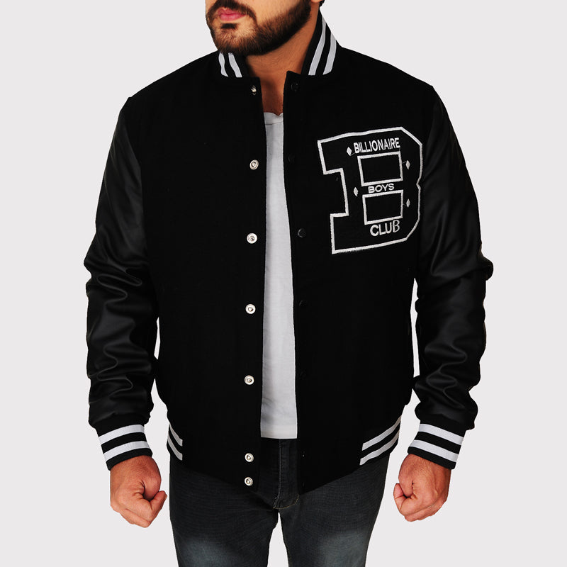 BBC Letterman Black Varsity Jacket with Leather Sleeve - AMSEL LEATHERS