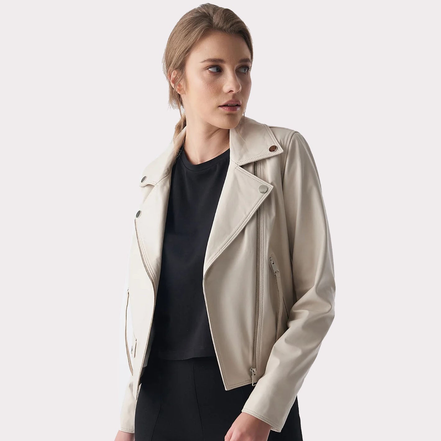 Beige Nappa Leather Women's Classic Biker Jacket - AMSEL LEATHERS