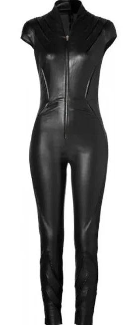 Women's Black Bodycon Leather Jumpsuit - AMSEL LEATHERS