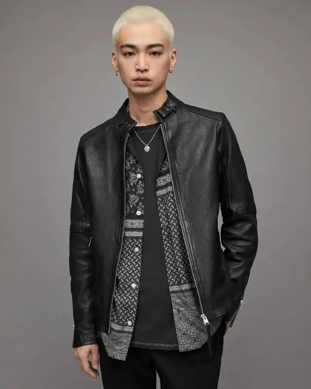 Men's Black Leather Harrington Jacket with Band Collar and Snap Button Amsel Leathers