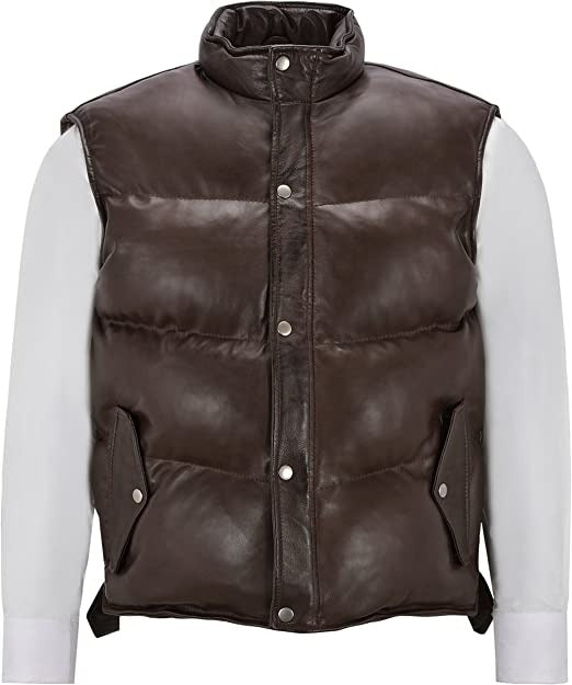 Men's Chocolate Brown Puffer Leather Vest - AMSEL LEATHERS