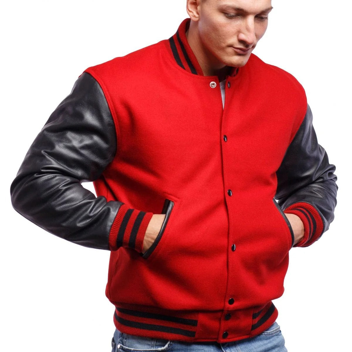 Men's Red Varsity Leather Jacket with Black Sleeves - AMSEL LEATHERS