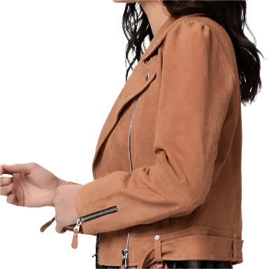 Women's Tan Brown Belted Suede Leather Biker Jacket - AMSEL LEATHERS