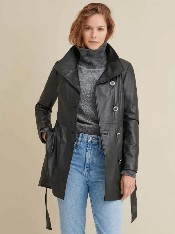 Women's Black Plain Leather Coat - AMSEL LEATHERS