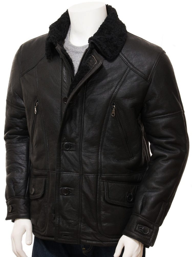 men’s black sheepskin leather sheepskin coat front view