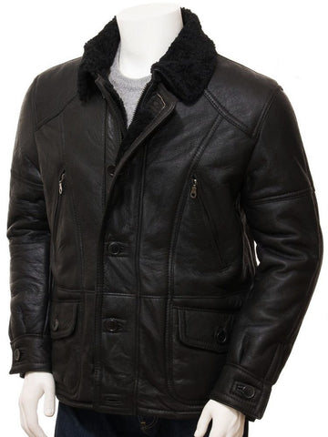 men’s black sheepskin leather sheepskin coat front view