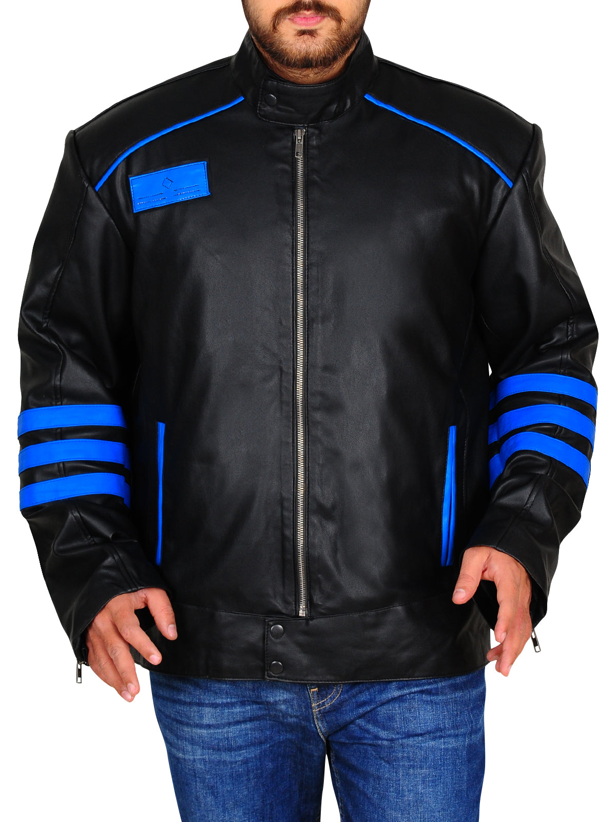 • black blue biker jacket mens faux leather front view
