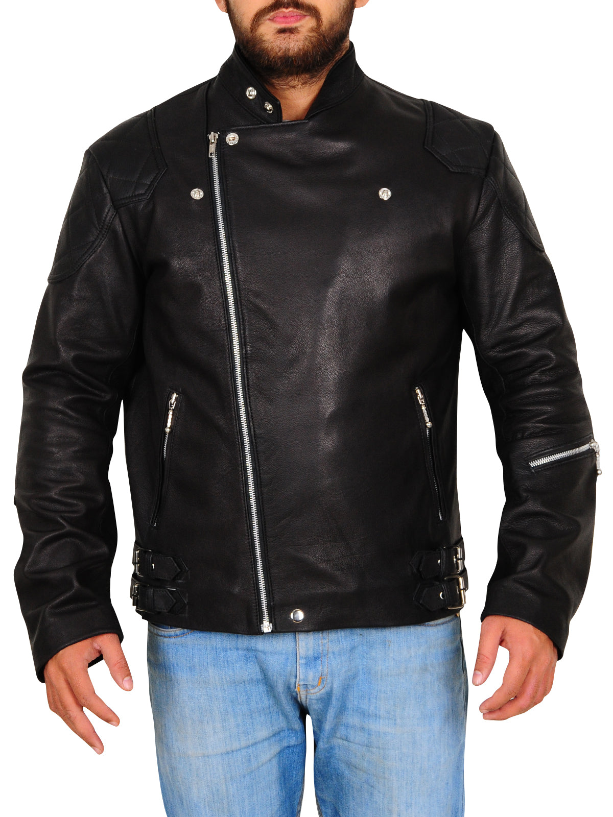 men's black leather biker jacket garrick front view