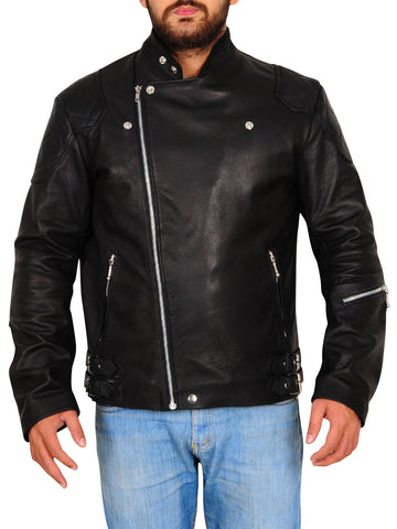 men's black leather biker jacket garrick front view