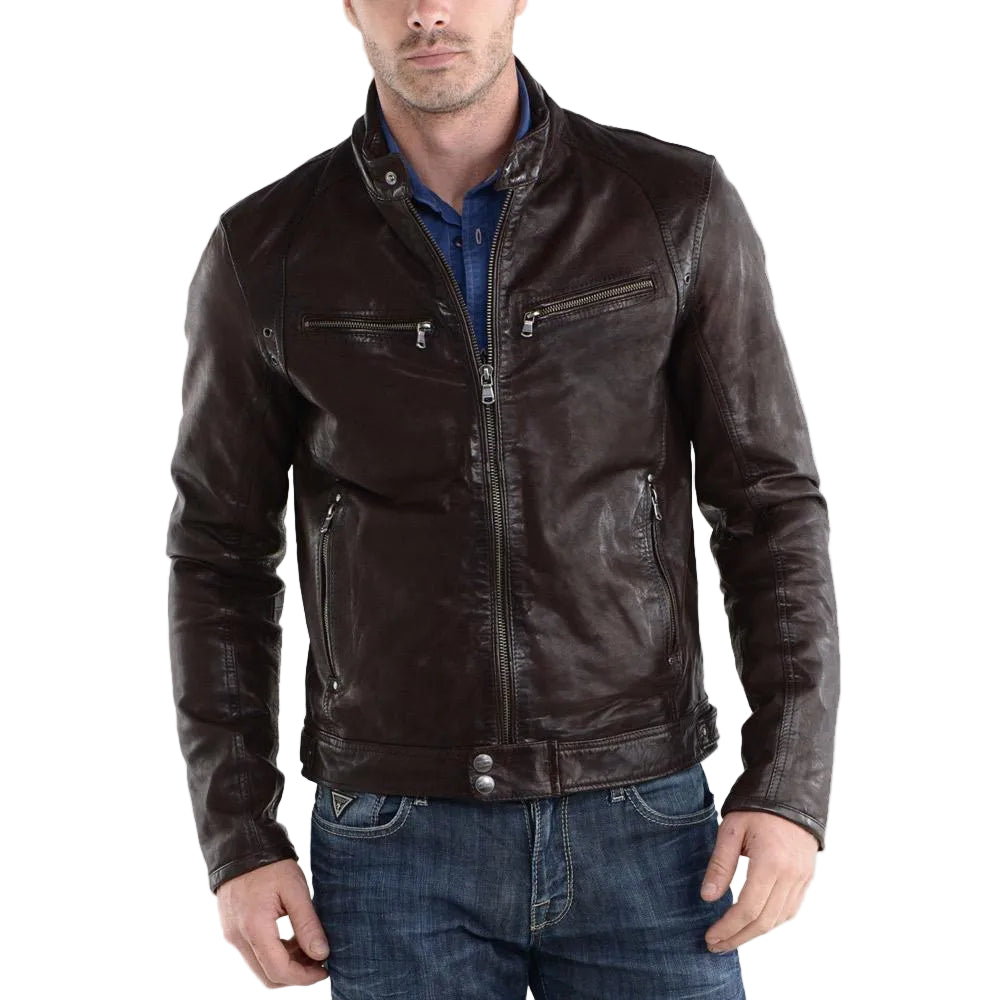 • brown biker leather jacket mens band collar front view
