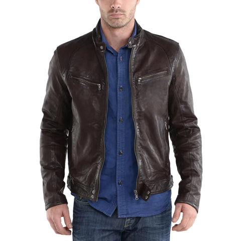 • mens brown leather jacket snap collar detail
