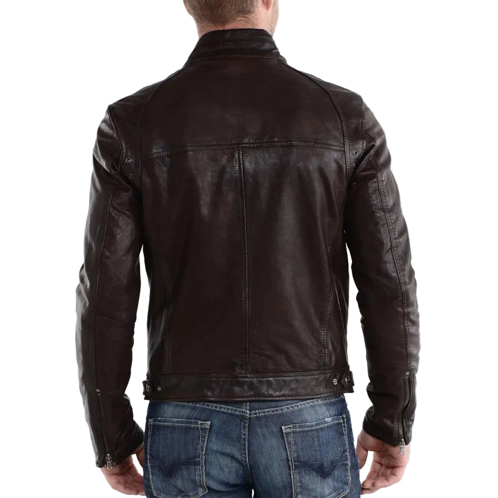 • lambskin biker jacket brown zipper cuffs close up
