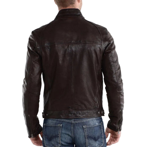 • lambskin biker jacket brown zipper cuffs close up

