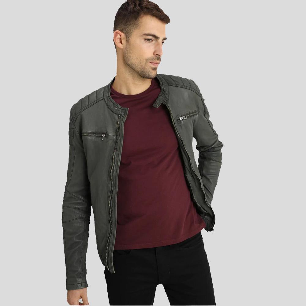 men's grey quilted lambskin leather racer jacket orion front view