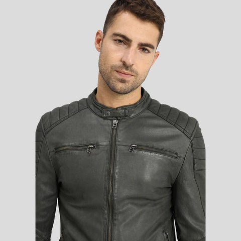 men's grey quilted lambskin leather racer jacket orion detail close up