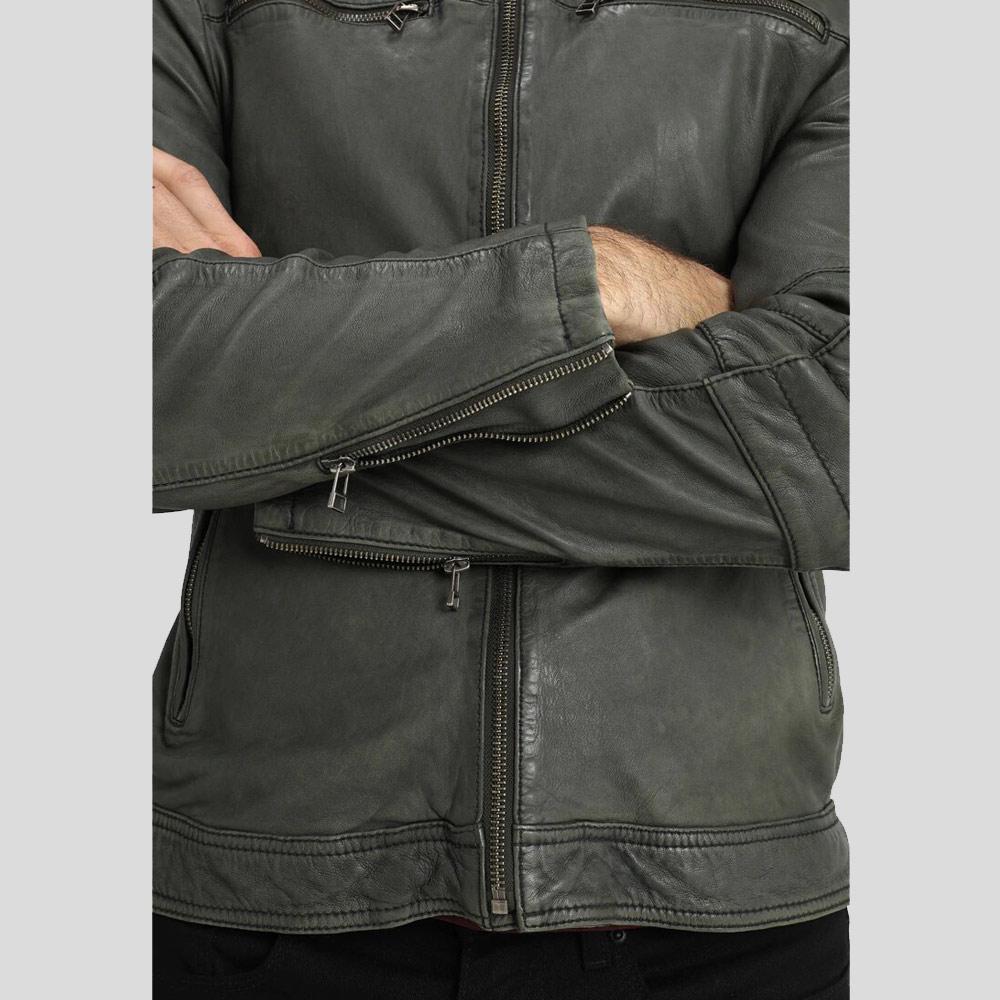 men's grey quilted lambskin leather racer jacket orion texture detail