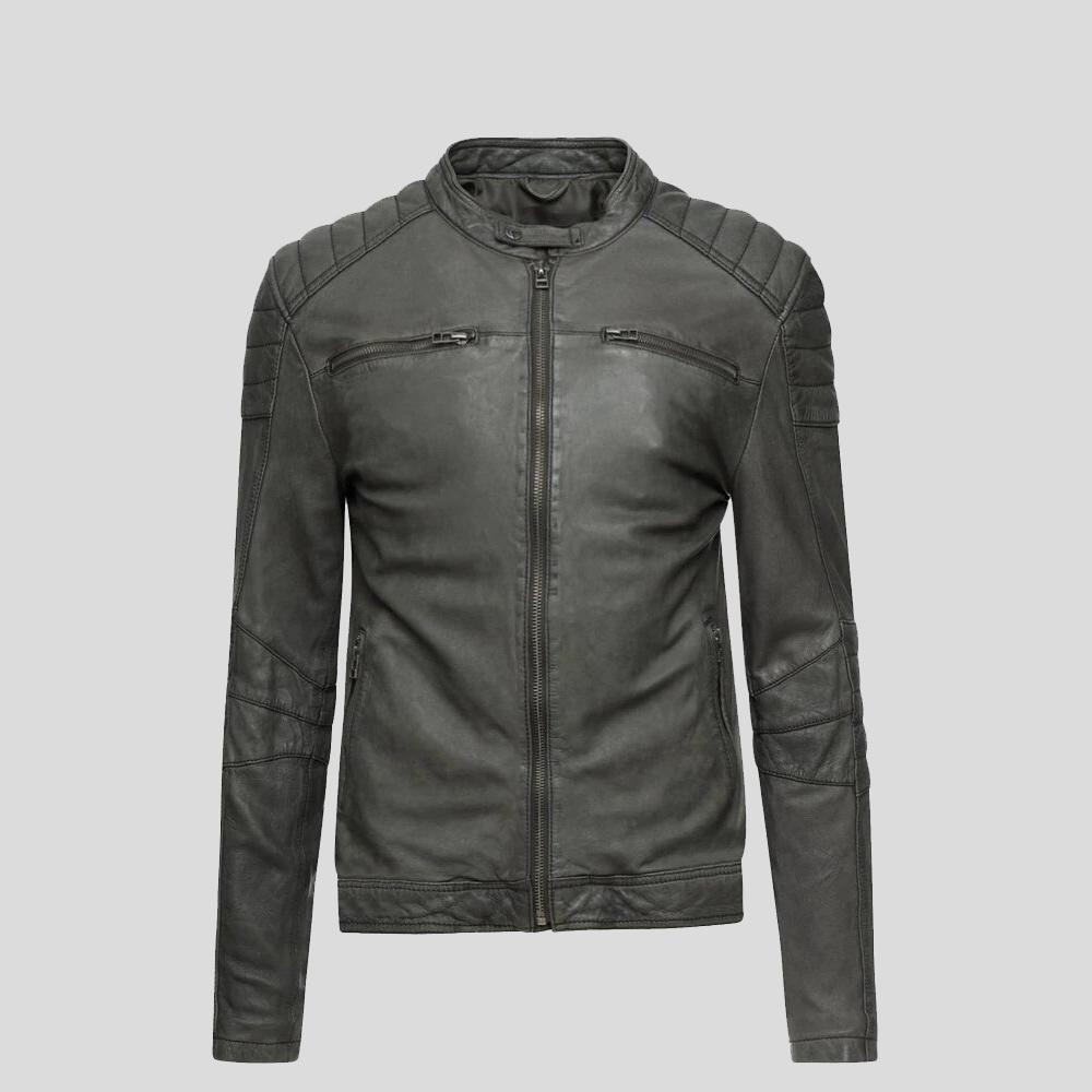 men's grey quilted lambskin leather racer jacket orion styling view