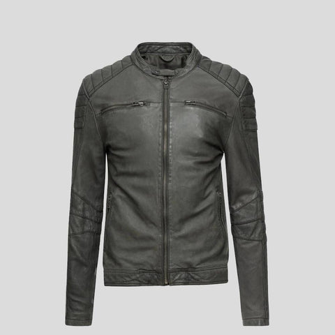 men's grey quilted lambskin leather racer jacket orion styling view